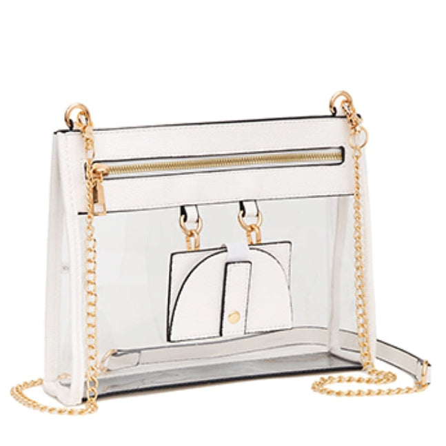 A clear transparent handbag with a white front pocket, gold-tone hardware, and a gold chain strap, shown on a plain white background.