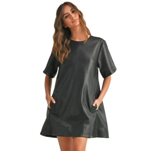 Black Pleather Short Sleeve Flare Bottom Dress