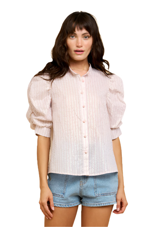 Pink Puff Sleeve Button Down Shirt