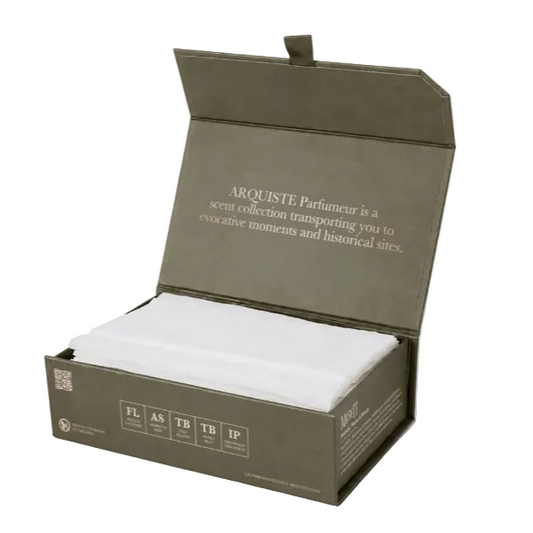 An open dark olive-green presentation box on a white background, with a black 'LIMITED EDITION' banner in the top-left corner. The box contains white folded items, likely cards or papers, and has printed text inside the lid and on the front panel.