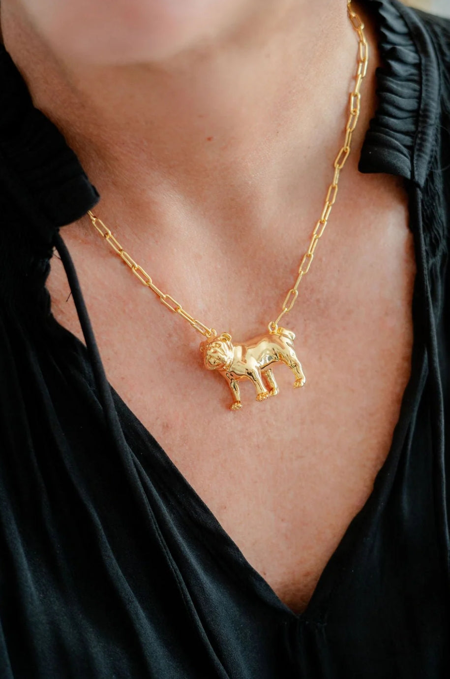 Bulldog Gold Charm Paperclip Chain Necklace