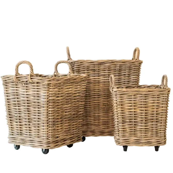 Rattan Square Storage Basket on Wheels