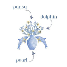 Load image into Gallery viewer, Decorative design with a vase of flowers and dolphins on a white background

