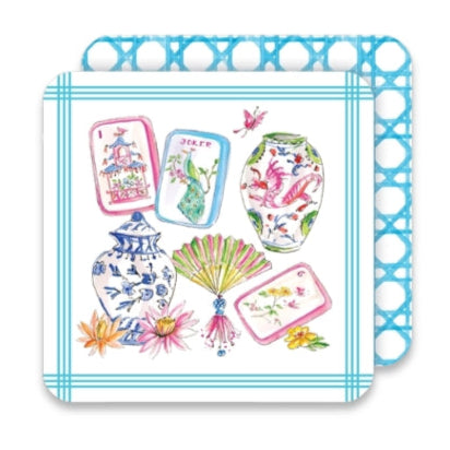 Mahjong Icons Pots Fan Tiles and Flowers Square Coaster