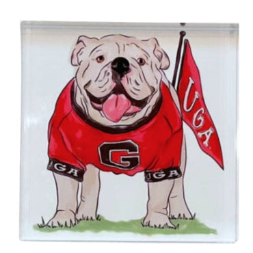 Acrylic block with a bulldog wearing a red jersey and holding a flag on a clear background