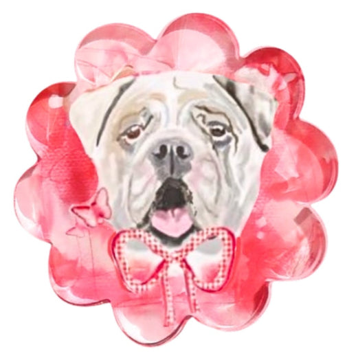 bulldog's face on a watercolor scalloped coaster