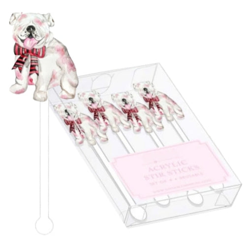 Set of bulldog-shaped acrylic drink stirs. Set of four in a clear box.