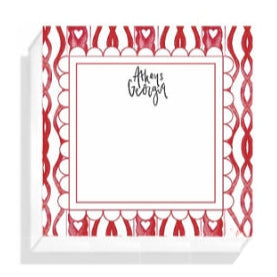 Decorative notepad with red pattern and white text on a white background