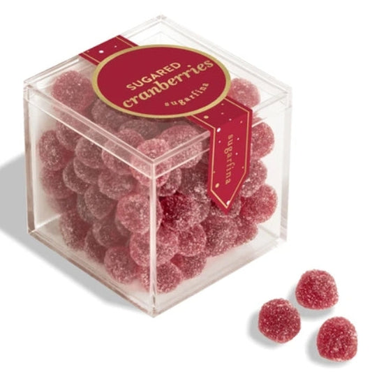 Clear cube container filled with red gummy candies labeled 'Sugared Cranberries' on a white background.