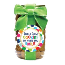 Load image into Gallery viewer, Jar of cookies with a green ribbon and colorful label on a white background
