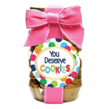 Load image into Gallery viewer, Jar of cookies with a colorful &#39;You Deserve Cookies&#39; label and pink bow on a white background
