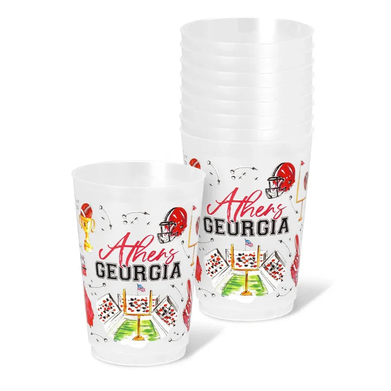 A set of clear plastic cups with a Georgia Bulldogs football theme, featuring red helmets, football fields, and the text 'Athens GEORGIA', shown with one cup standing open in front and a stack of cups behind it on a white background.