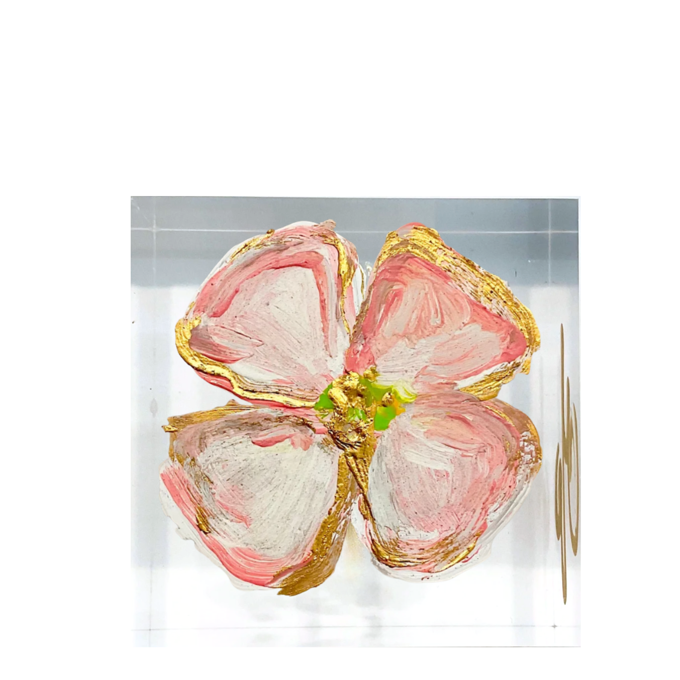 A square acrylic art plaque featuring a stylized four-petal flower painted with pink, white, and gold brushstrokes, set against a clean white background.