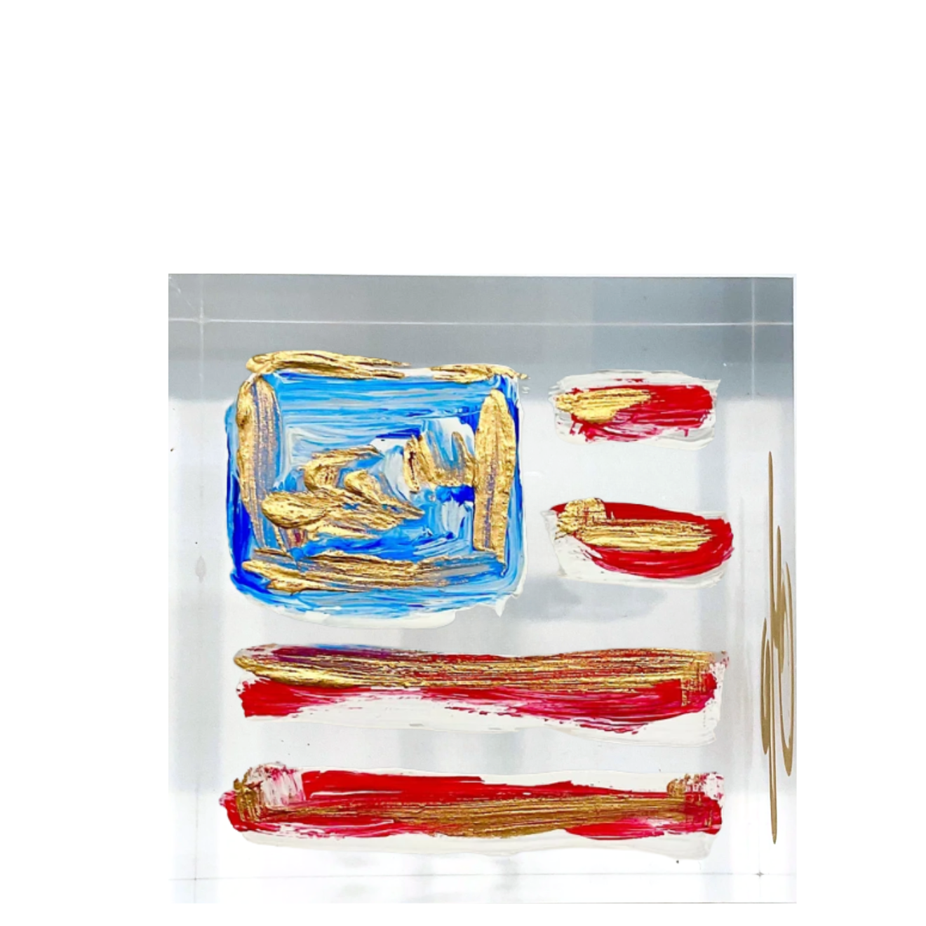 An abstract American flag painting featuring textured brushstrokes of blue, red, and gold on a white canvas, presented against a solid white background.