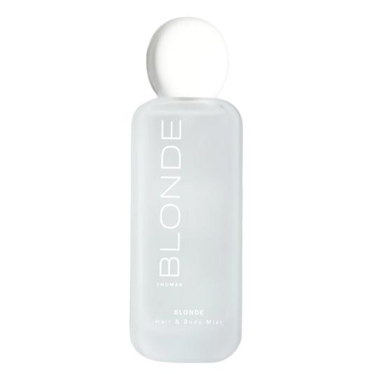 A frosted glass bottle of BLONDE Paris Blondes Bloom + Balm Hair Mask with a white spherical cap, centered on a solid white background.