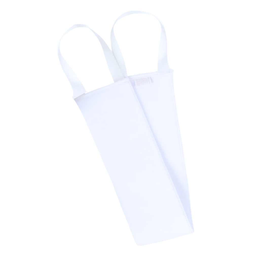 A pair of white fabric face masks with integrated loop handles, shown against a solid white background.