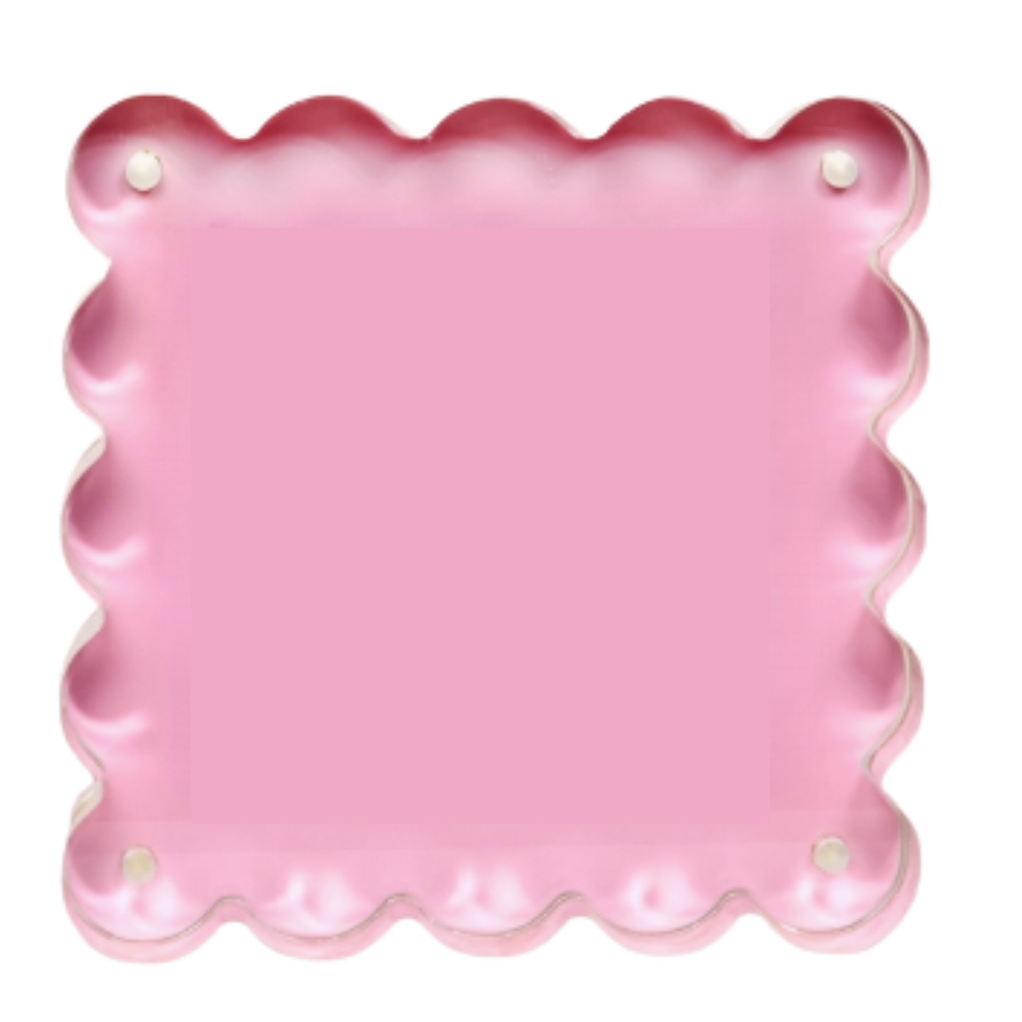 A square pink plate with a scalloped rim and small decorative details at the corners, shown on a plain white background.