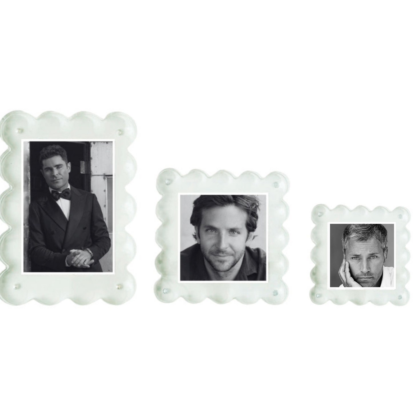 Three small white scalloped picture frames of decreasing sizes, each holding a black-and-white portrait, arranged horizontally on a plain white background.