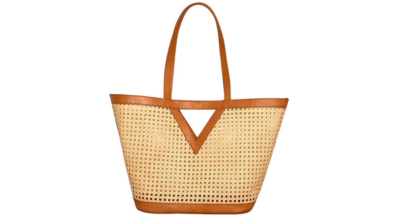Large Square Cane Weave Rattan Tote with Triangle