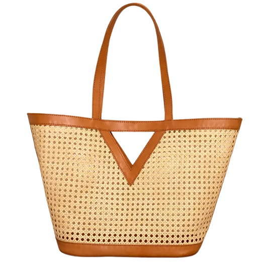 Large Square Cane Weave Rattan Tote with Triangle
