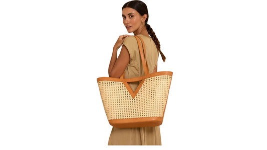 Large Square Cane Weave Rattan Tote with Triangle