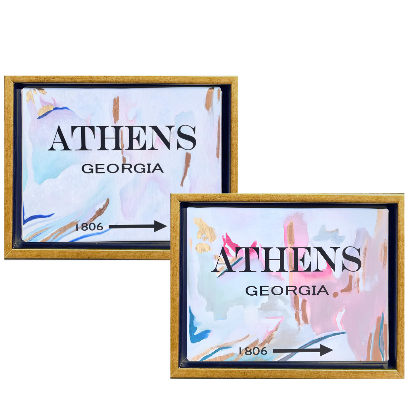 Two framed art prints featuring an abstract watercolor design in pastel shades of pink, blue, and white, with the text 'ATHENS GEORGIA' and '1806' printed on them. The prints are housed in thin gold frames and are displayed against a solid white background.