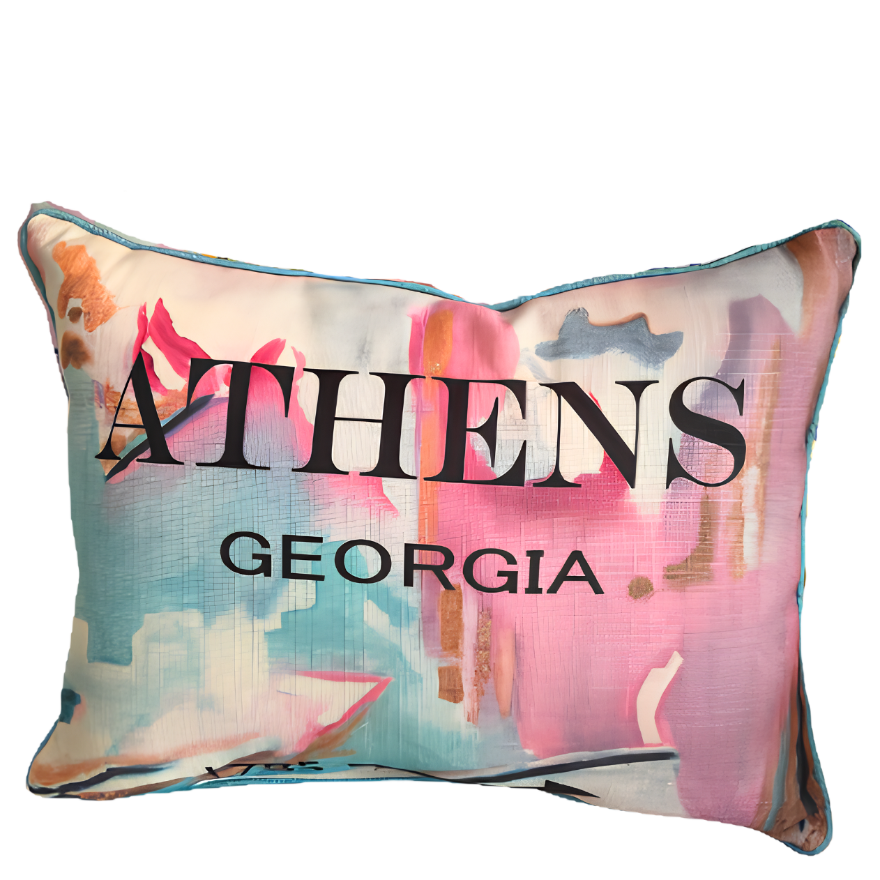 A square decorative throw pillow featuring an abstract watercolor-style print in pink, teal, beige, and brown tones, with the words 'ATHENS GEORGIA' printed in black serif lettering across the front.