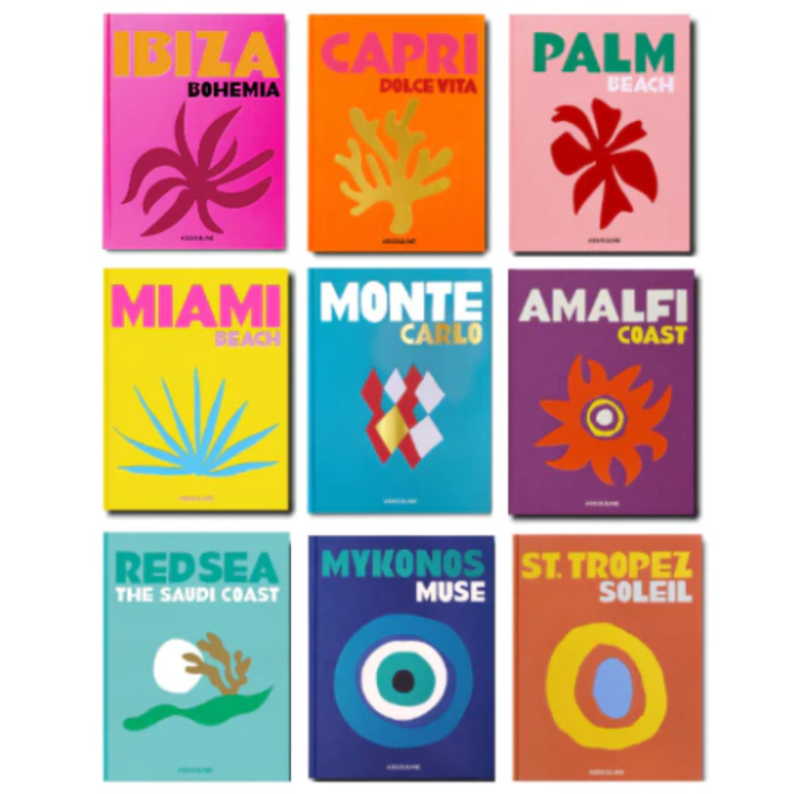 Assouline travel books featuring Izu, Capri, Palm, Miami, Monte Carlo, Amalfi, Red Sea, Mykonos, and St Tropez. Each has a different bright background color with a stylized sun or abstract coastal graphic and the destination name at the top
