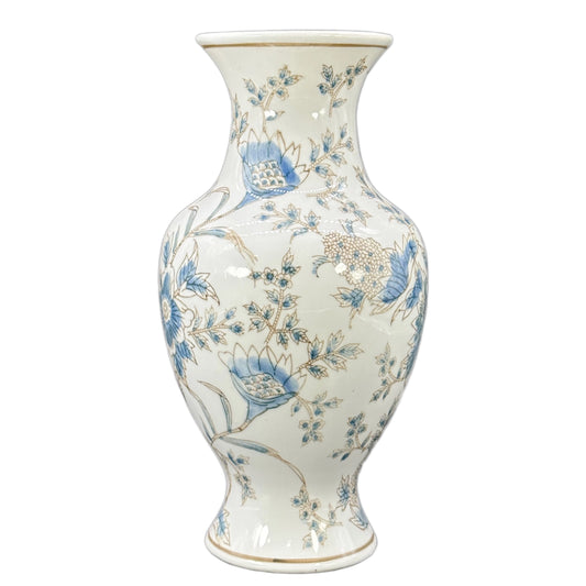 White and Blue Chinoiserie Ceramic Vase 14"