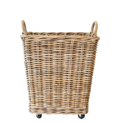 A natural woven wicker laundry hamper with integrated rope handles and small black caster wheels, shown against a plain white background.
