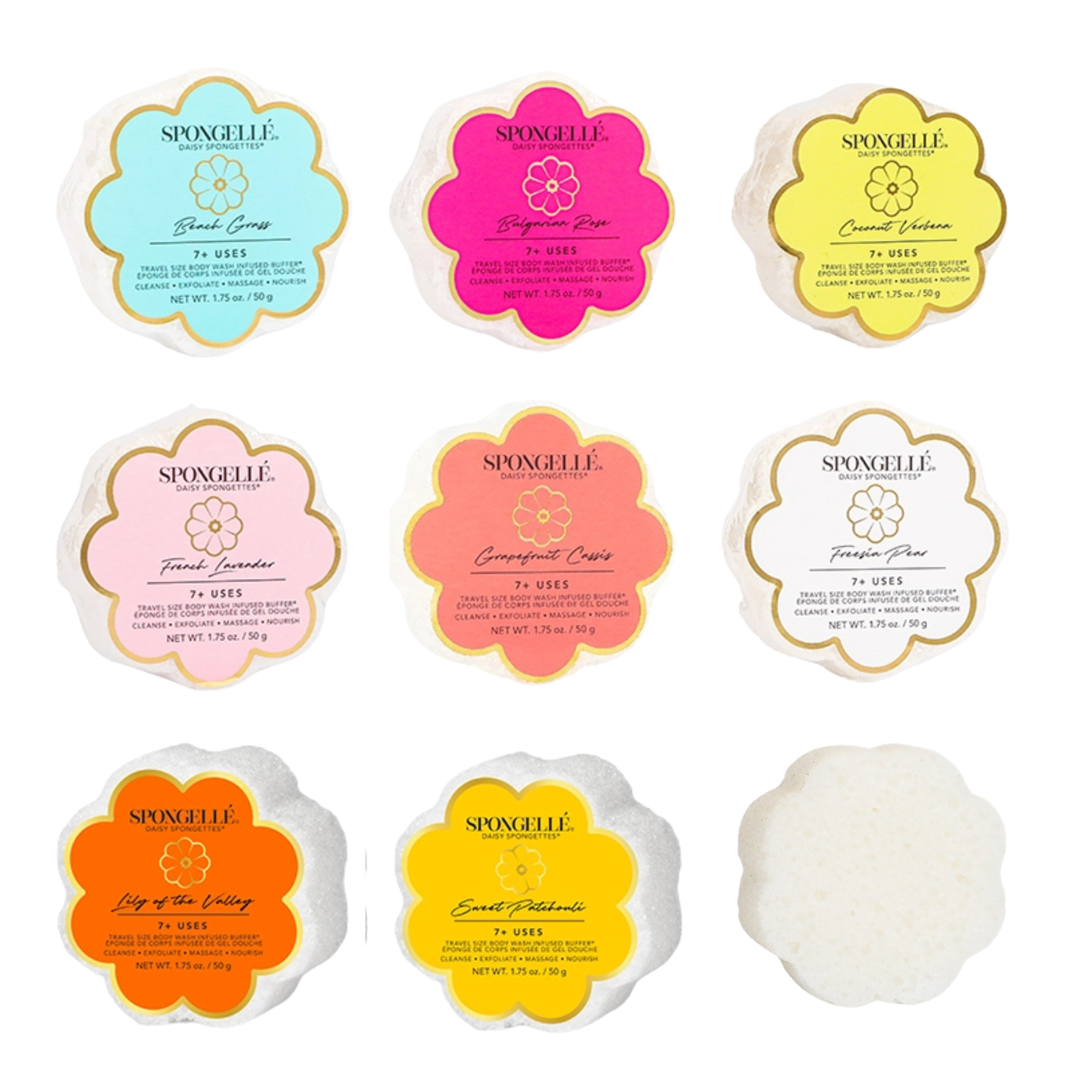 Nine flower-shaped soapfilled sponges with colorful labels arranged in a 3x3 grid on a white background, with one empty white flower-shaped puck in the bottom right corner. The labels feature different colors including light blue, hot pink, yellow, peach, orange, and white, with the brand name 'Monelle' visible on each.
