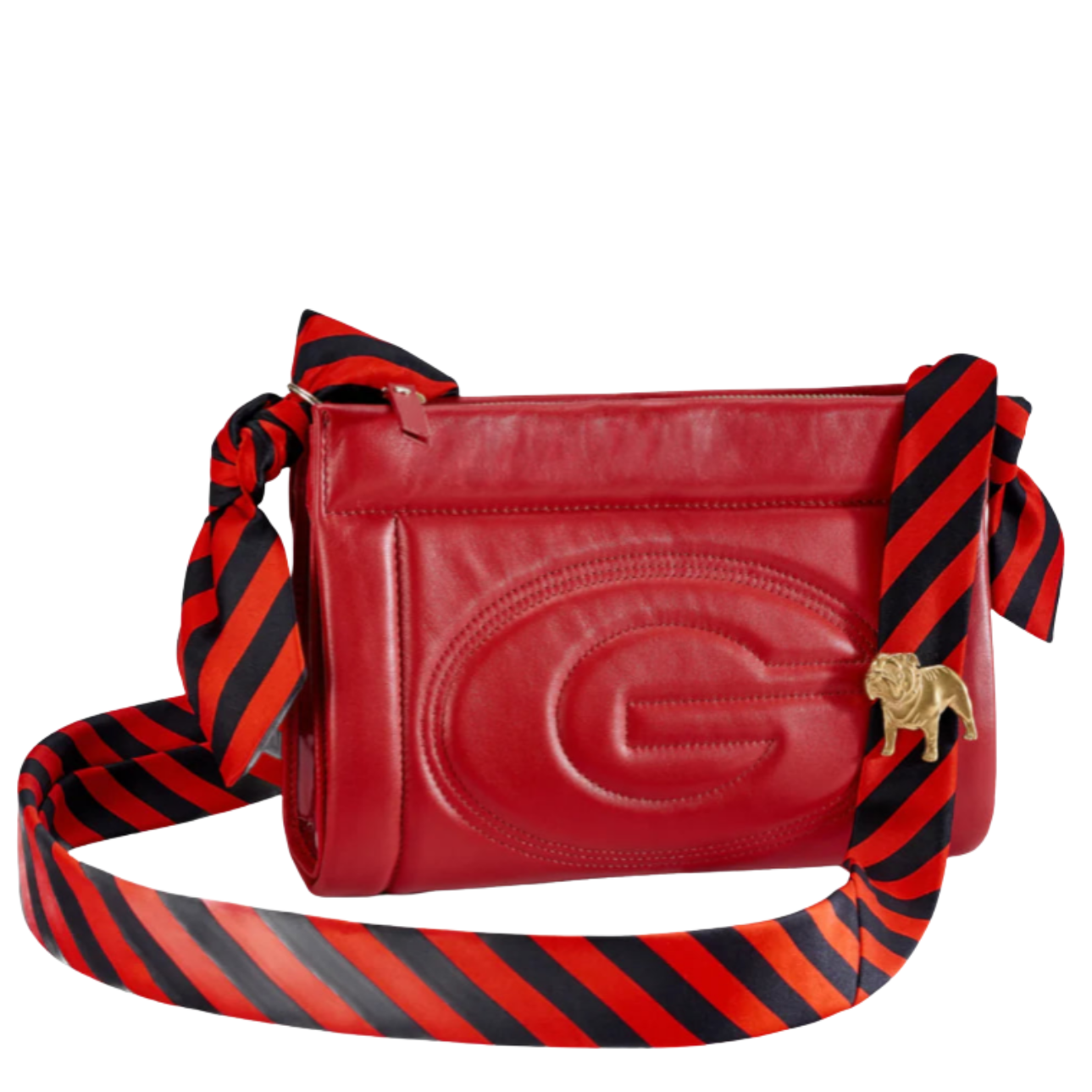 A red leather shoulder bag with a large embossed 'G' logo on the front, a small gold-tone lion emblem, and a wide red and black striped fabric strap tied in bows on both sides, shown on a plain white background.
