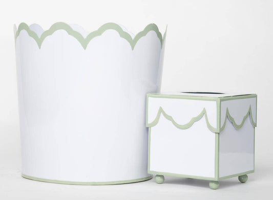 SCALLOPED IVORY/SOFT GREEN WASTEPAPER BASKET / TISSUE SET