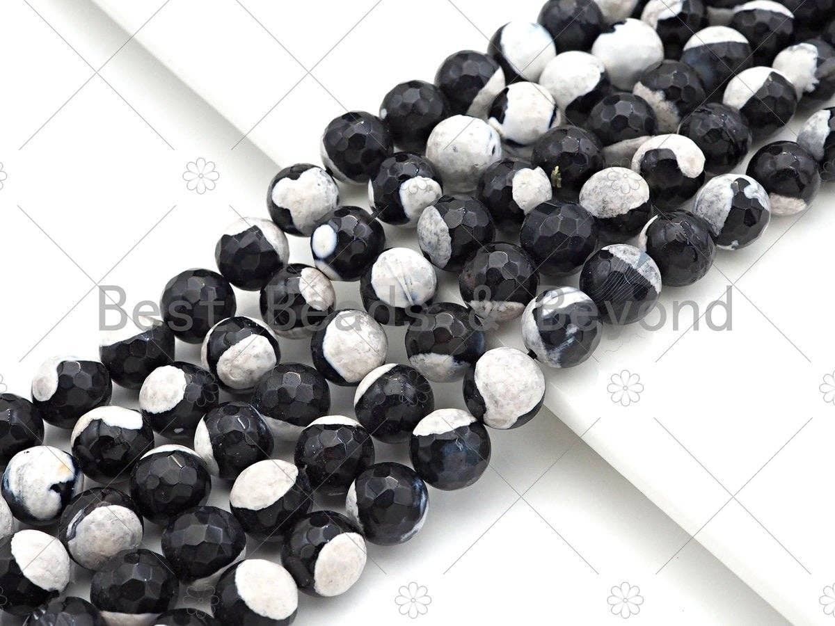 Natural Black White Fire Agate Round Faceted Beads, 8mm/10mm