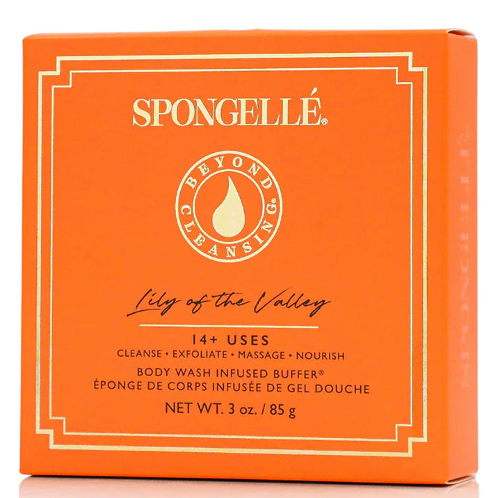 Orange packaging of Spongellé body wash with branding and product details.