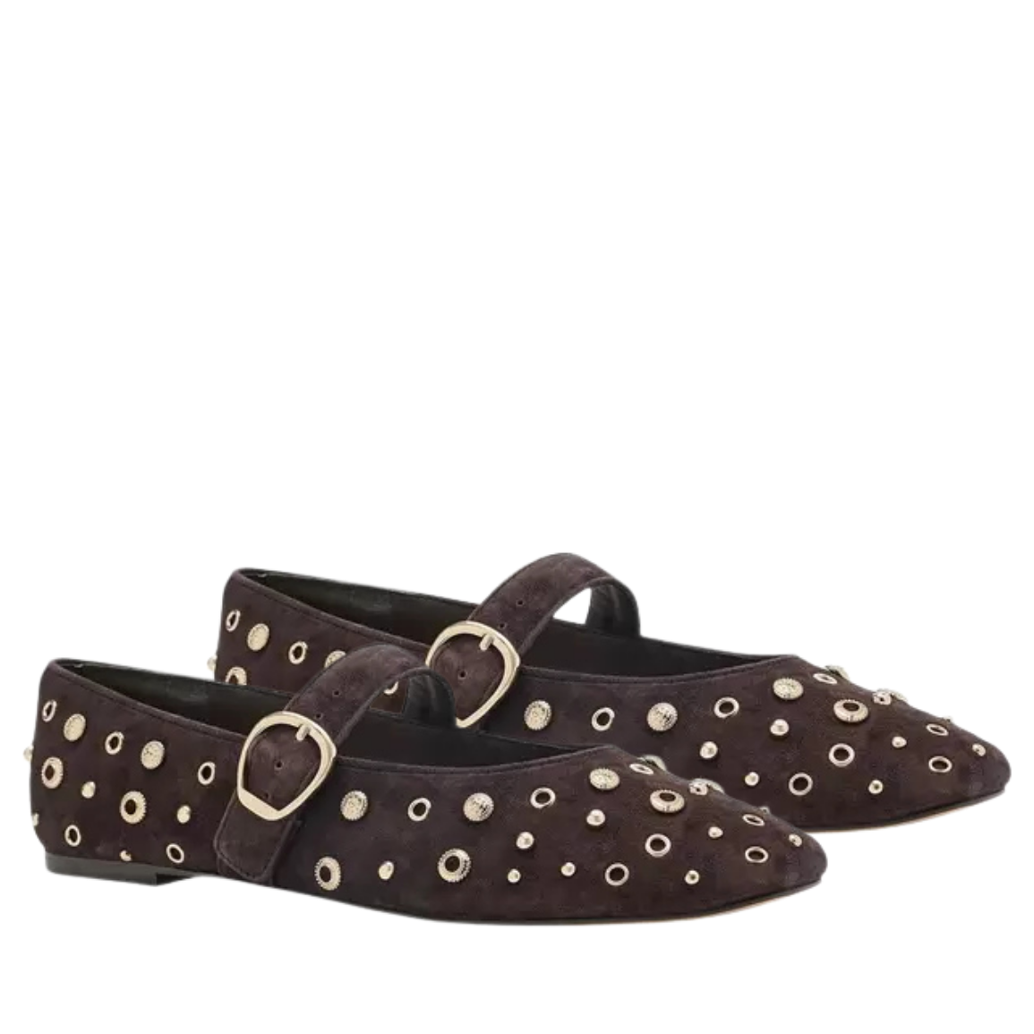 A pair of dark brown pointed-toe flats with gold-tone metal studs and buckle straps, shown against a plain white background.