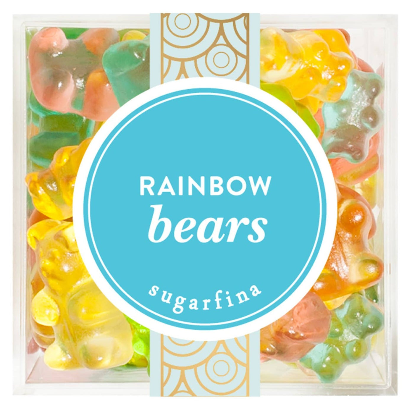 Pack of rainbow-colored gummy bears with 'sugarfina' branding on a white background