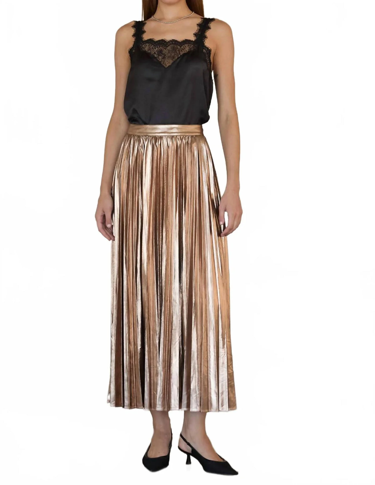 Bronze Lamé Pleated Maxi Skirt