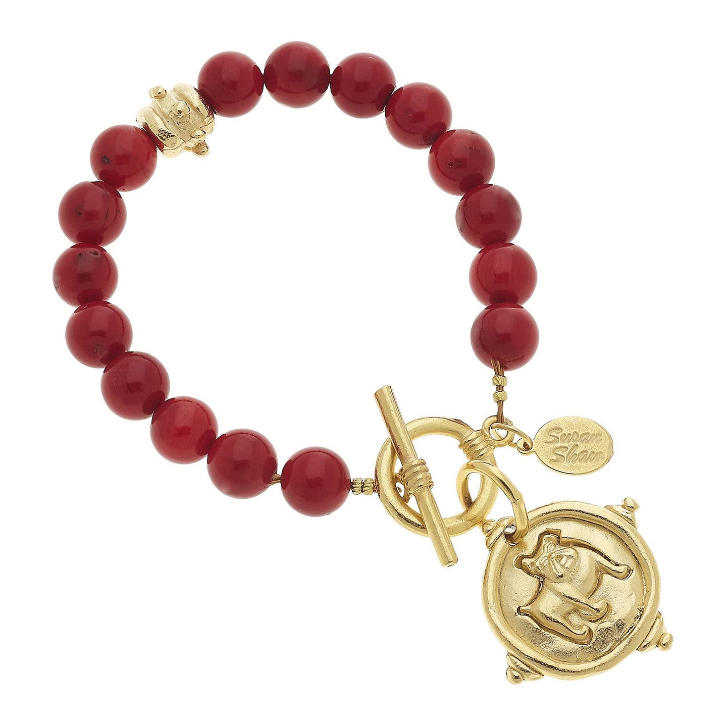 Gold Bulldog on Genuine Red Coral Bracelet