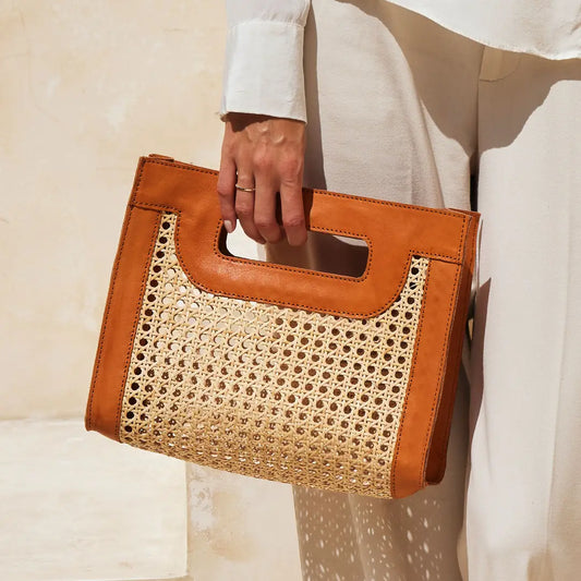 Rattan Cane Weave Handbag with Brown Leather Trim