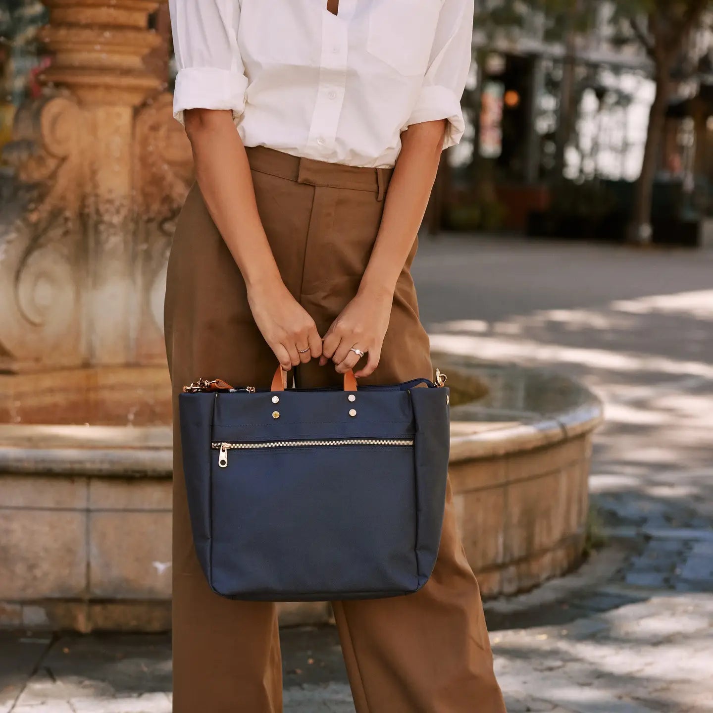 "Codie" Navy Nylon Tote with Leather Accents