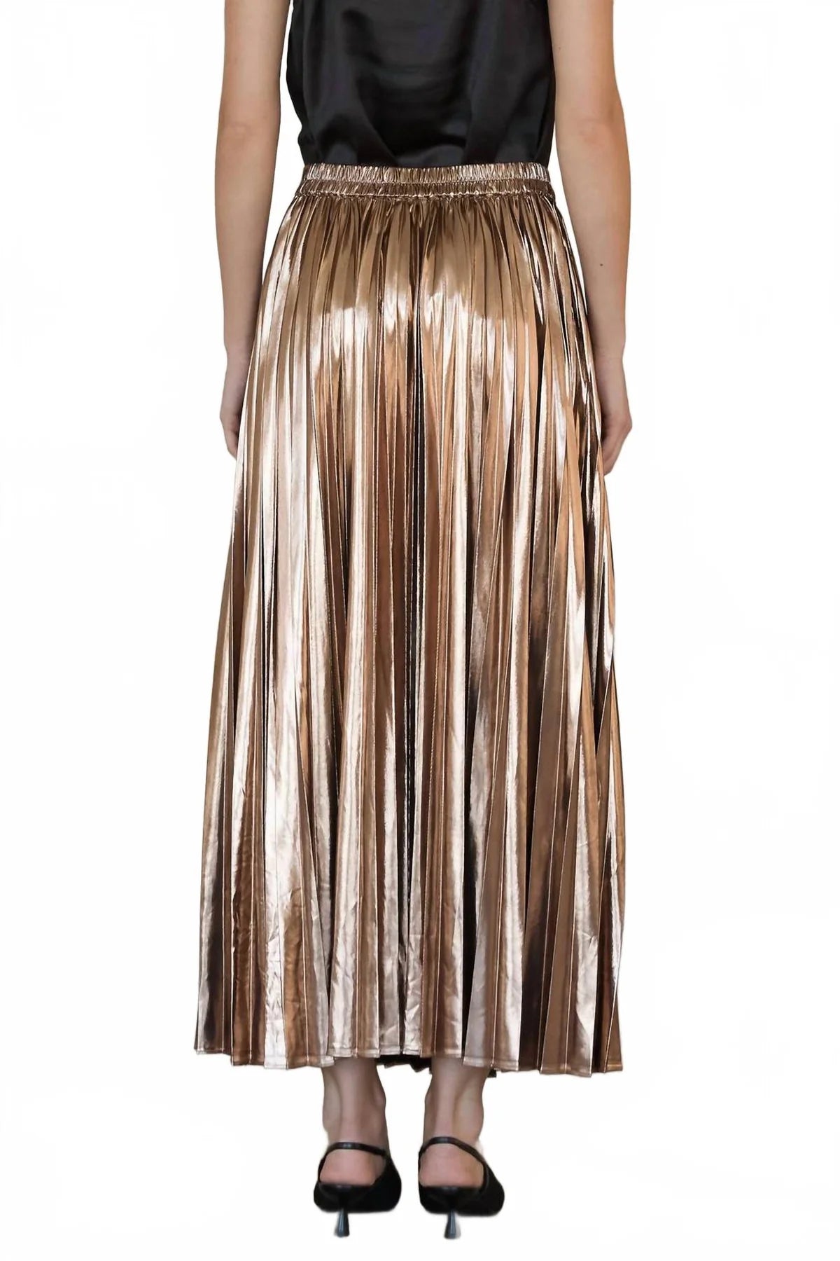 Bronze Lamé Pleated Maxi Skirt