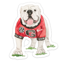 Load image into Gallery viewer, Sticker of a bulldog wearing a red jersey with logos on a white background
