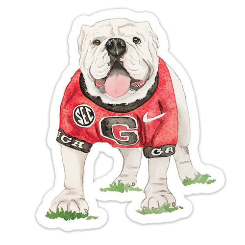 Sticker of a bulldog wearing a red jersey with logos on a white background