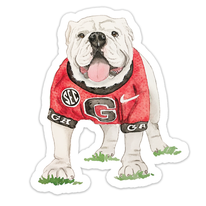 Sticker of a bulldog wearing a red jersey with logos on a white background
