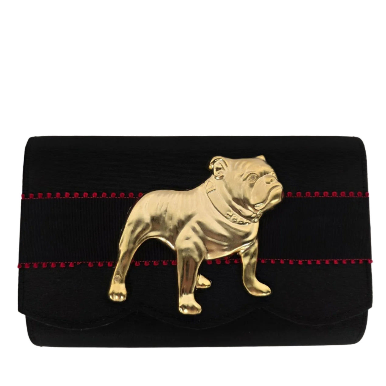 Black clutch bag with gold bulldog emblem on a light gray background
