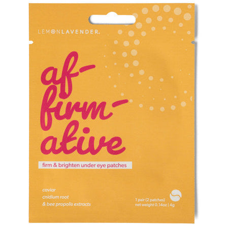 Pack of under eye patches with 'af-firm-ative' text on a yellow background