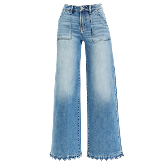 Light blue wide-leg denim jeans with a scalloped frayed hem, shown flat against a solid white background.