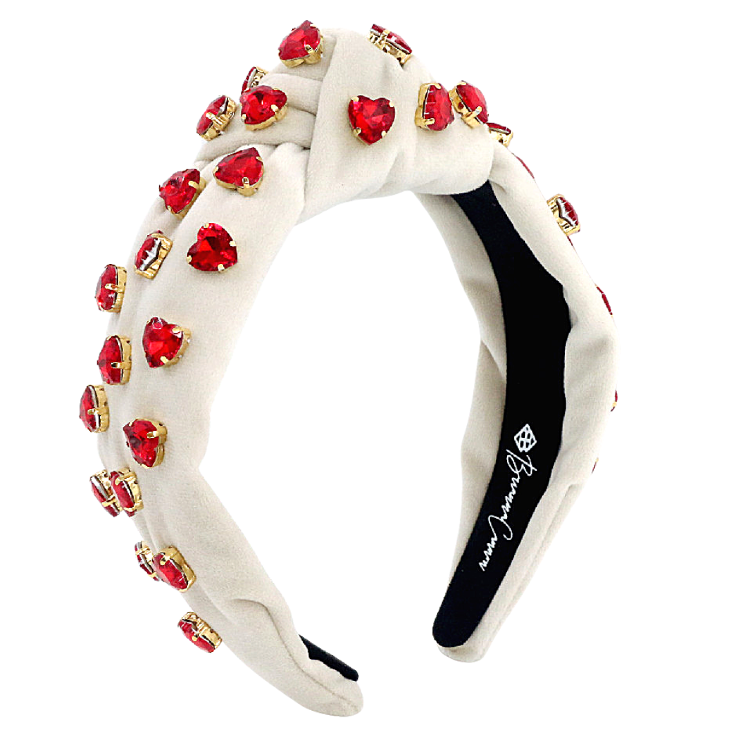 Ivory Velvet Headband with Red Heart Crystals