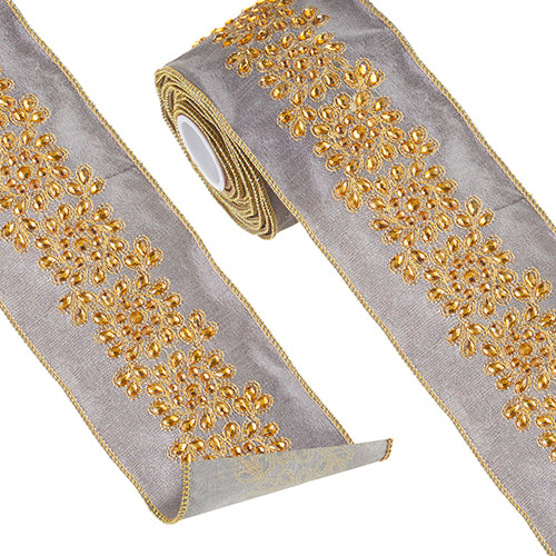 Grey with Gold Jewels Embroidered Ribbon